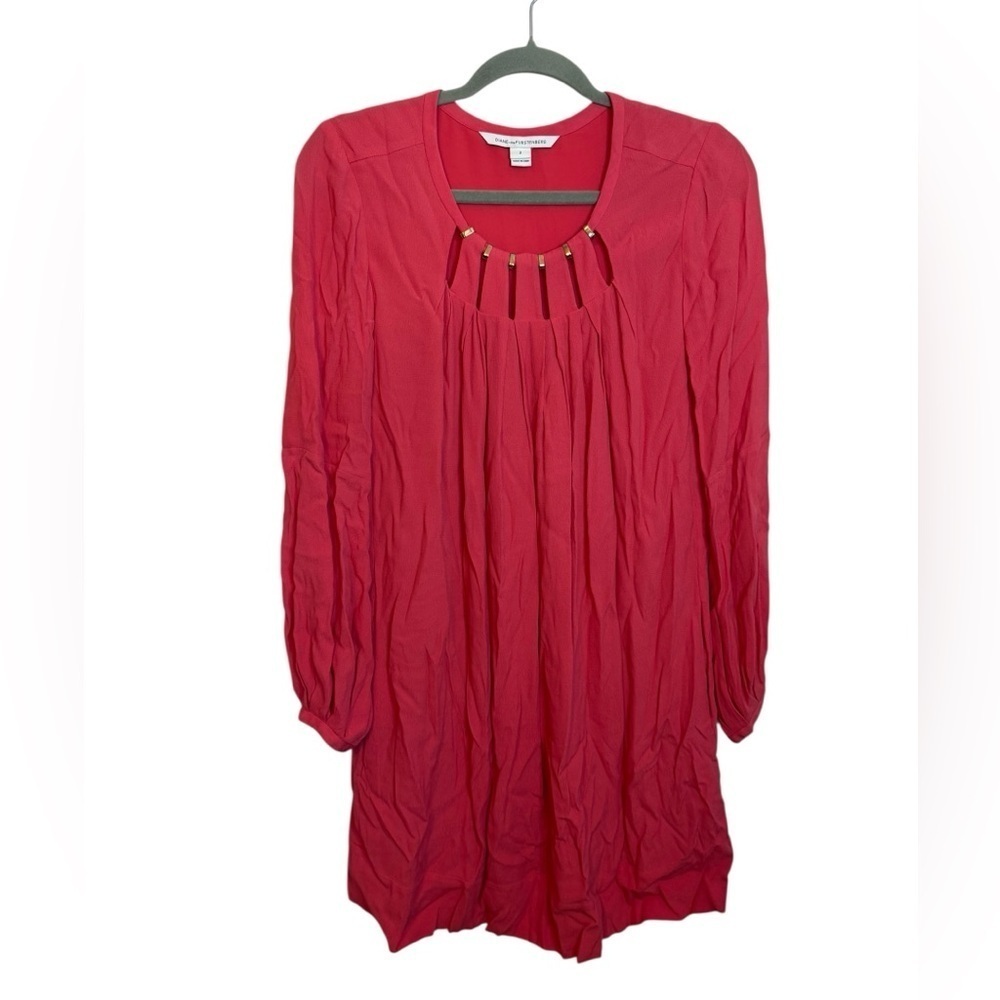 Diane Von Furstenberg Salmon Pintuck Long Sleeve Mini Shift Dress